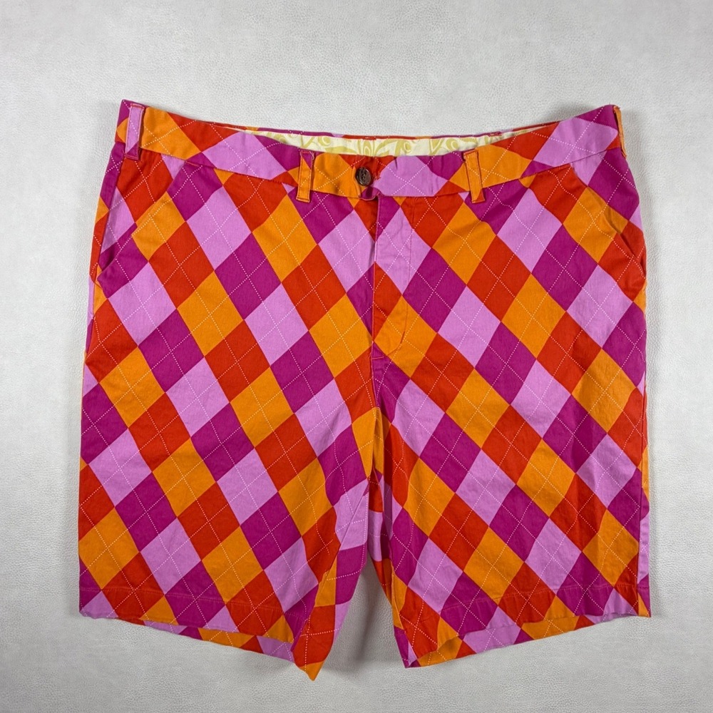 Loudmouth Golf Mens 42 Argyle Shorts Pink Orange Red Diamond Pattern Bold